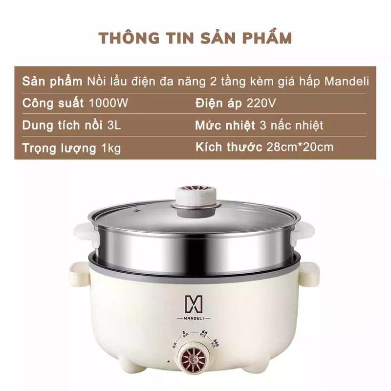 Product Introduction of [HÀNG XẢ]Nồi Lẩu Điện Mandeli 2 Tầng 28cm Kèm Giá Hấp Tiện Lợi, Nồi Lẩu Điện Đa Năng Công Suất 1000W Tráng Men Chống Dính Cao Cấp ,Có Bảo Hành 40