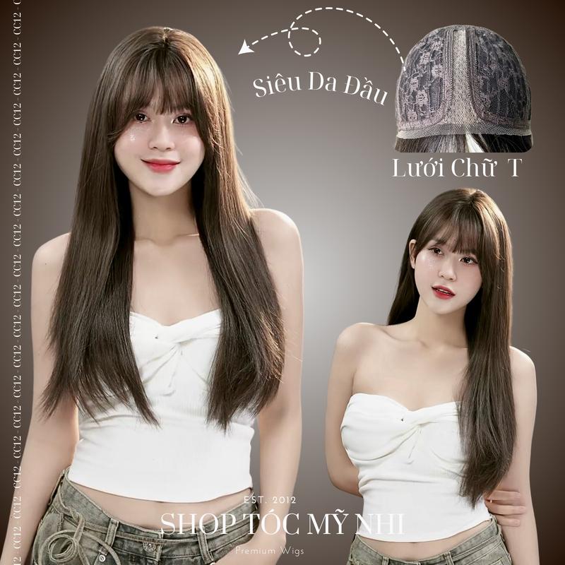  Tóc Giả Mỹ Nhi Nguyên Đầu Móc Lưới Chữ T CC12 60CM Mái Thưa Tóc Thẳng Tự Nhiên 