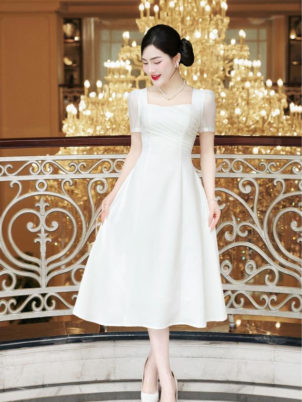 MIỄN SHIP MDU4645 Váy Mango Ý Phối Tơ Hàn Cao Cấp - Thiết Kế Cổ Vuông Quyến Rũ Cùng Dáng Xòe Nhẹ Nhàng Dành Cho Nữ Women Dress Màu Trắng