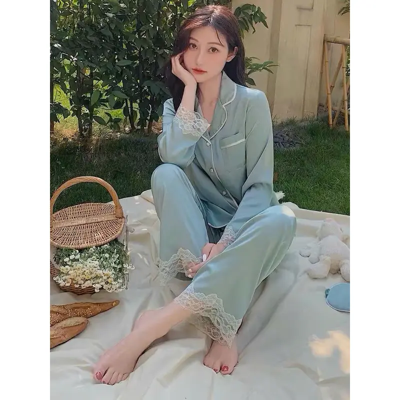 Bộ ngủ lụa nữ dài tay, bộ đồ mặc nhà xinh xắn phối ren nữ tính tiểu thư sang chảnh pijama siêu mềm mại cao cấp 132 B-2 0