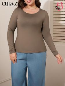 CURVZY Plus Size Solid Long Sleeve Tee, Casual Basic Crew Neck T-shirt for Daily Wear, Women Plus Clothing for All Seasons