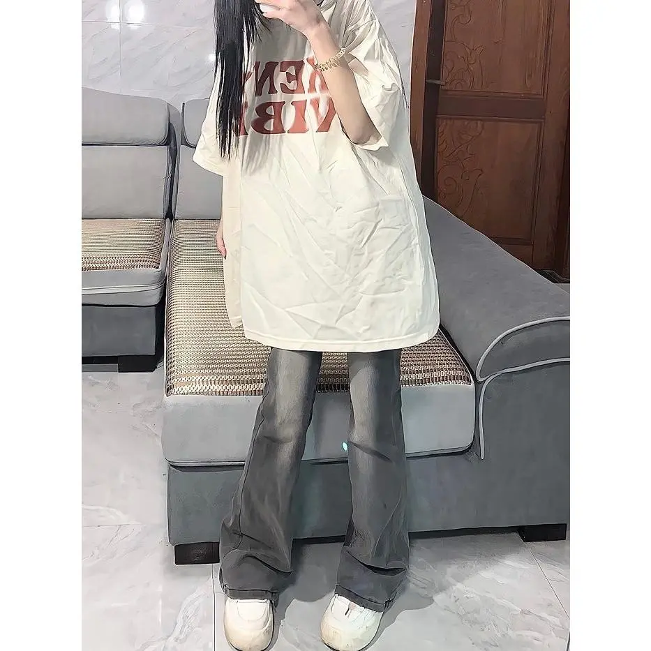 Quần Jean Ống Loe, Phong Cách Đường Phố Cao Cấp, Màu Đen Và Xám, Dành Cho Nữ, Hàng Mới Về Mùa Xuân Và Mùa Thu, Thích Hợp Cho Học Sinh, Dáng Rộng Vừa Vặn, Cạp Cao, Quần Ống Đứng, Hợp Xu hướng