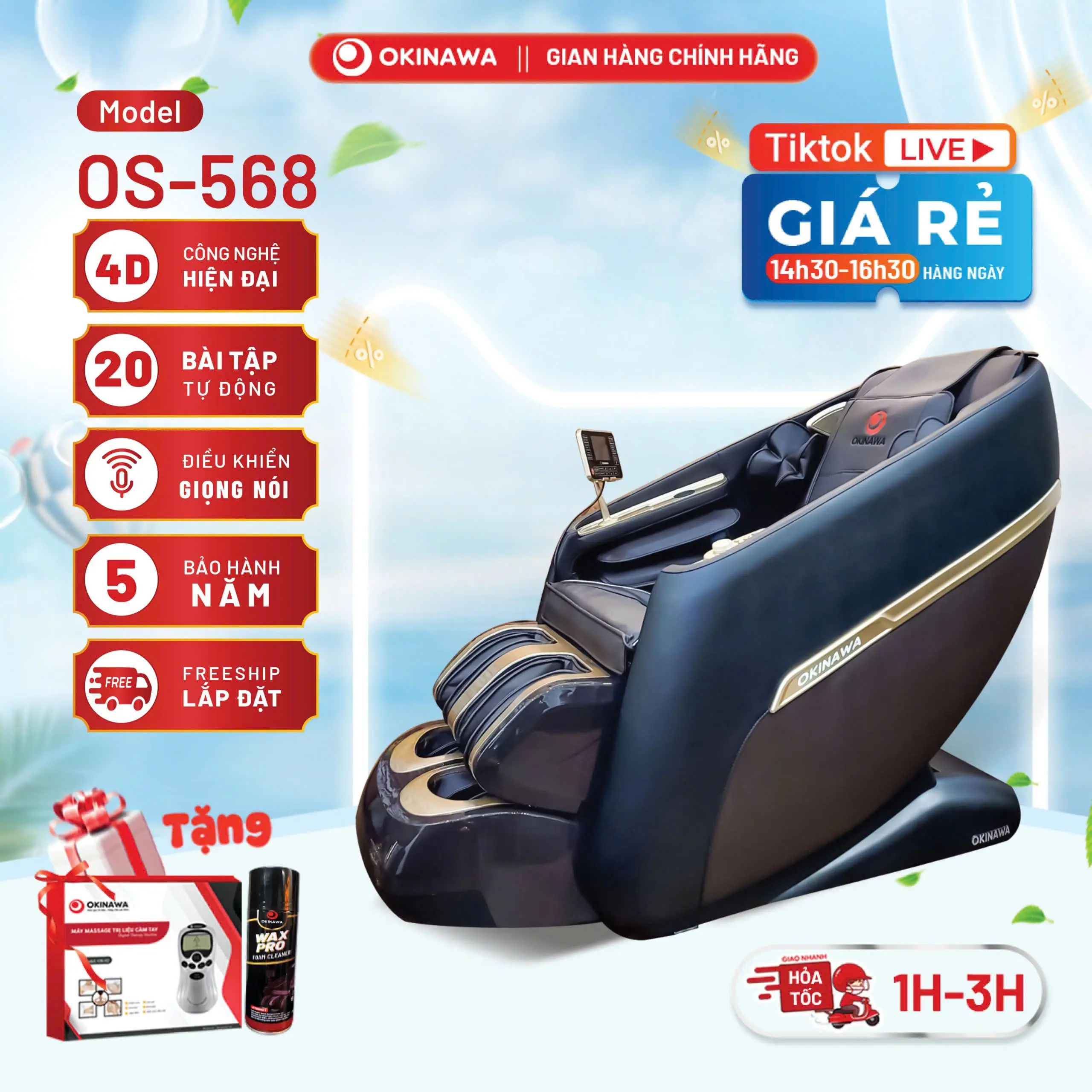 [Con lăn di chuyển 4D] Ghế massage toàn thân Okinawa OS-568, OS-569, kéo giãn chuyên sâu, 20 bài massage, nhiệt sưởi, loa nghe nhạc, sạc điện thoại không dây