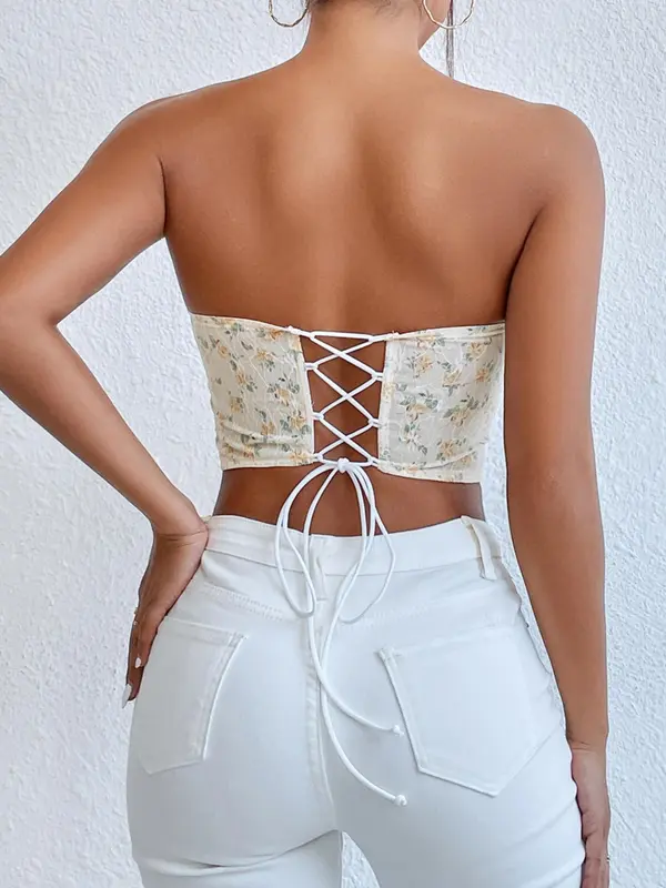 Women's Ditsy Floral Lace Up Criss Cross Backless Crop Tube Top, Summer Clothes Women, Fashionable Hanky Hem Sleeveless Top for Summer, White Tube Top, Summer Tops, Lady's Top for Beach Holiday Vacation, Summer Womenswear 7