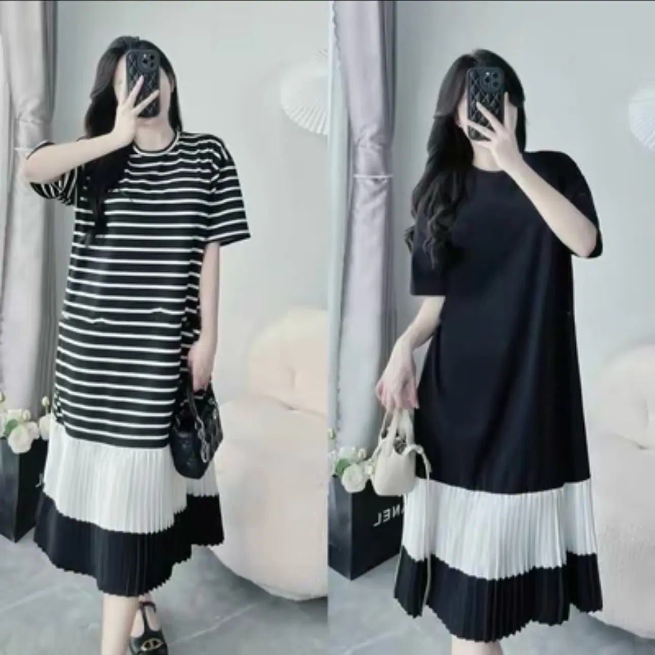 [MinnStudio] Váy xuông, Váy Thun cộc tay dáng xuông phối chân xếp ly pha màu đen-trắng cho nữ nữ(bầu mặc được) Women
