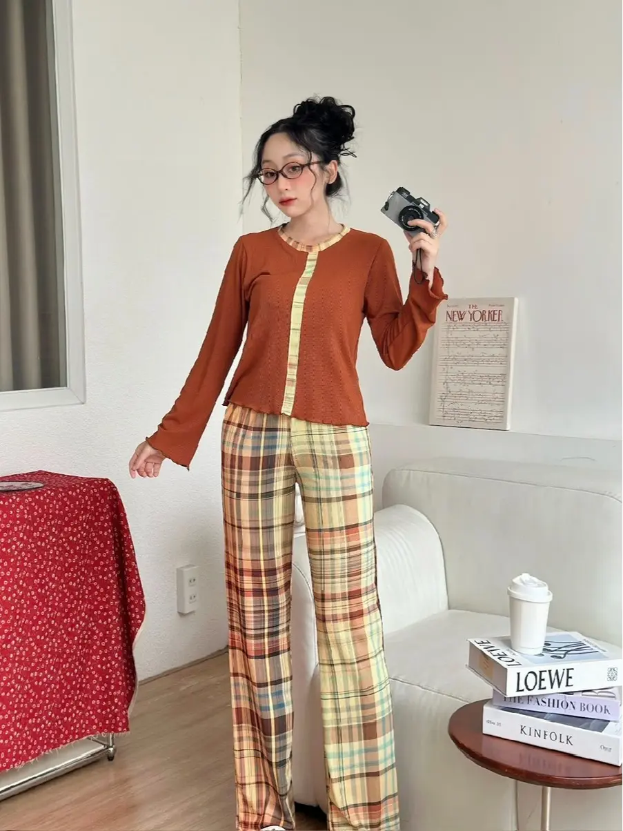 Set đồ thun gân mặc nhà, áo tay dài quần ống suông co giãn, size 48-68kg, màu sắc đa dạng - Women, Nữ