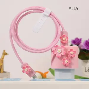 【Baru datang 1 set 5 buah】Untuk IPhone Charger Pelindung Kabel Case Pelindung Kabel Charger Motif Pink Cherry Dan Cinta Untuk IP 20W 18W