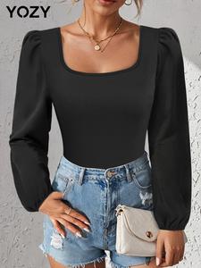 YOZY Women's Plain Bishop Sleeve Square Neck Bodysuit, Casual Long Sleeve Bodysuit for Daily Wear, Ladies Clothes for All Seasons