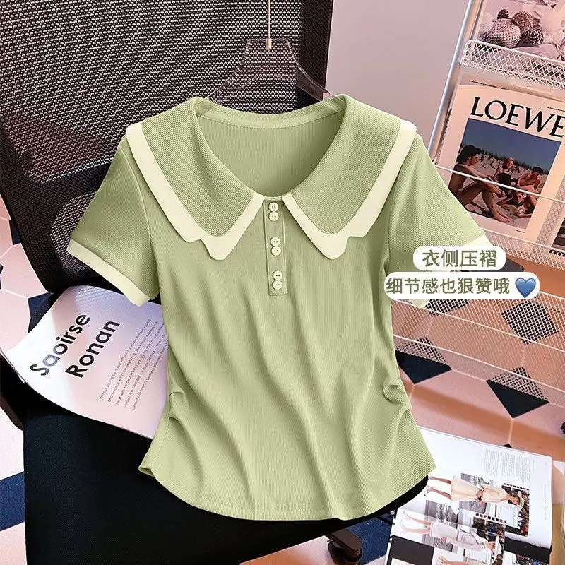 Áo Thun Ngắn Tay Cổ Búp Bê Phong Cách Preppy Cho Nữ Hàng Mới Về Mùa Hè 2024 Áo Thun Dễ Phối Đồ Trẻ Trung Ngọt Ngào 3