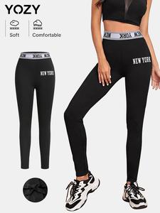 YOZY-GOOO Women's Letter Tape Waist Leggings, Casual Comfy Breathable Skinny Pants for Yoga Gym Workout Running, Ladies Bottoms for All Seasons