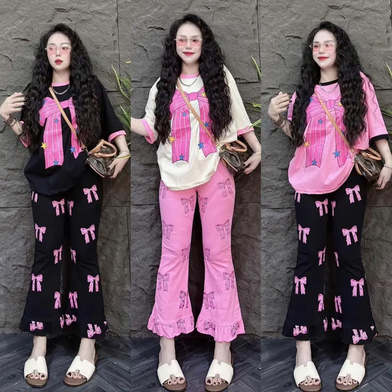 SÉT ĐỒ NỮ ,ĐỒ BỘ ÁO NƠ FROM RỘNG KÈM QUẦN LOE LAI BÈO THUN GÂN TĂM _HÌNH THẬT