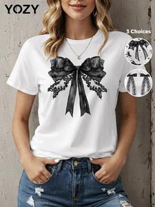 YOZY Women's Bow Print Round Neck Tee, Casual Short Sleeve Crew Neck T-Shirt for Summer, Fashion Women's Top for Daily Wear