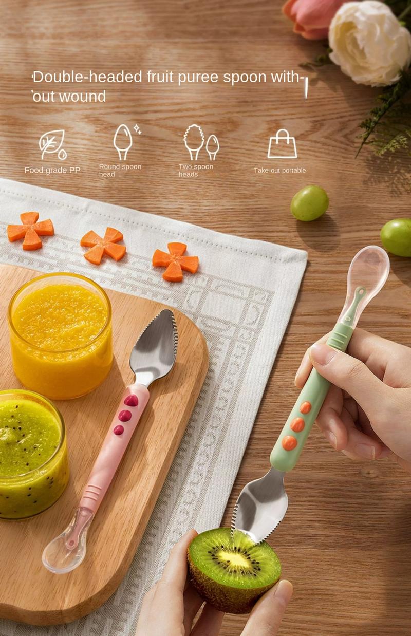 Product Introduction of Double-Headed Mud Scraper Spoon Baby Food Supplement Baby 316 Stainless Steel Fruit Puree Spoon Silicone Spoon Feeding Mud Scraper Spoon 0