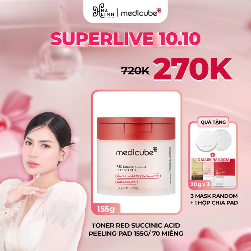 [Võ Hà Linh x medicube] Toner Red Succinic Acid Peeling Pad 155g/ 70 miếng (Tặng hộp chia Pad Case + 3 mặt nạ random 20gx3)
