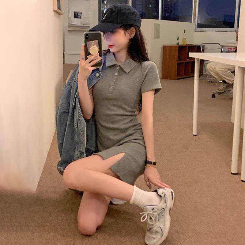  Váy body đầm body cổ bẻ polo xẻ trước chất thun gân tăm 2 màu đen xám đầm ôm dáng ngắn dành cho Nữ Women Dress 