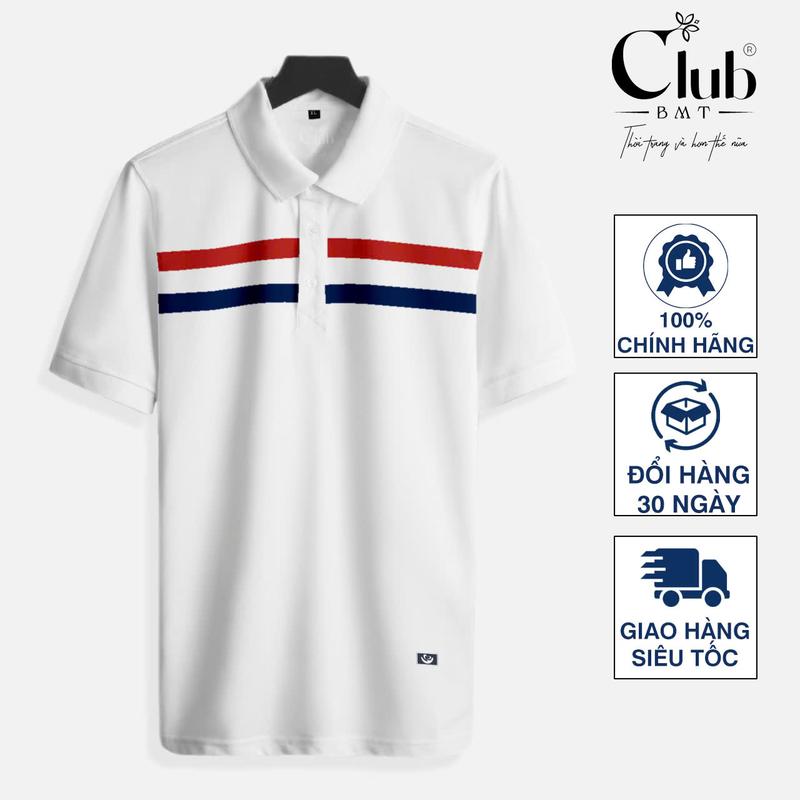   DEAL HỜI 50K  Áo Polo Trắng Phối 2 Sọc Xanh Đỏ Chất Vải Cao Cấp Club Bạch Mai Trang 