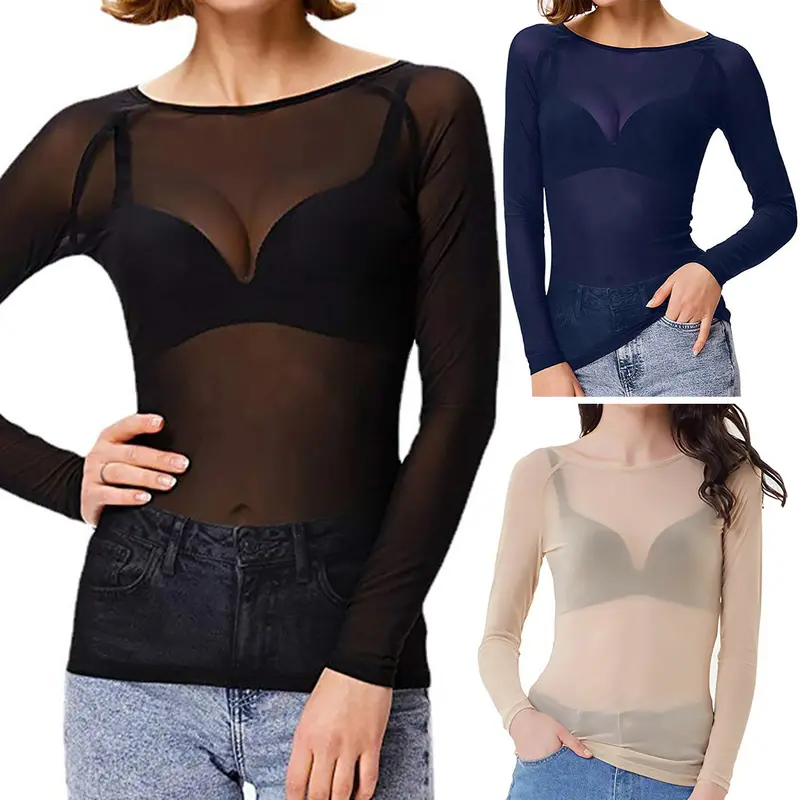 Áo Mỏng, Gợi Cảm, Xuyên Thấu, Lưới Đen, Áo Chui Đầu, Cổ Tròn, Dài Tay, Trong Suốt, Áo Phông Câu Lạc Bộ Punk 0