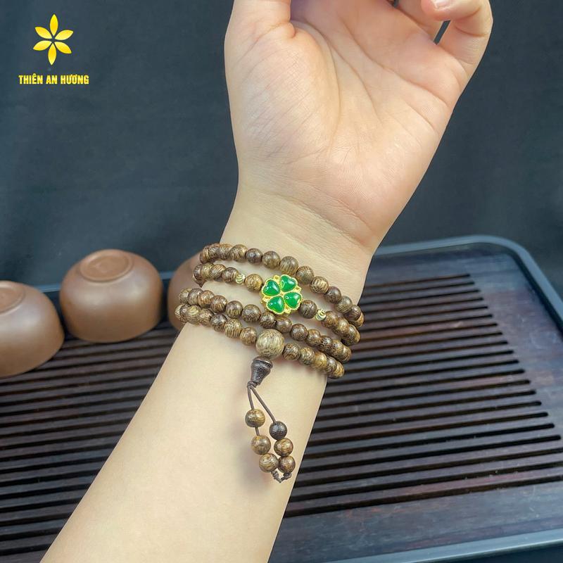Vòng Tay Trầm Hương 108 Hạt Mix Cỏ 4 Lá May Mắn Hi Vọng Theo Mệnh - Thiên An Hương tặng kèm hộp đựng vòng tay 2