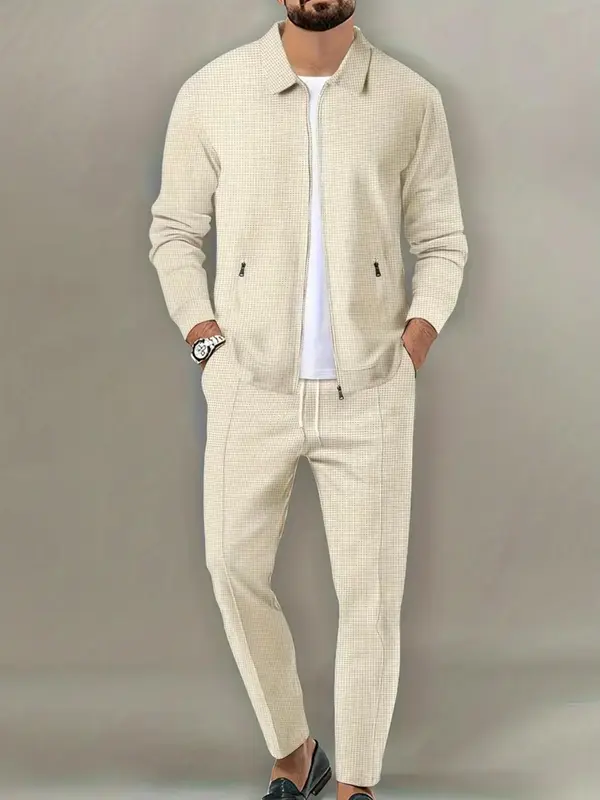 Men's Solid Zip Up Jacket & Drawstring Waist Pants Two-piece Set, Men's Two-piece Outfits for All Seasons 3