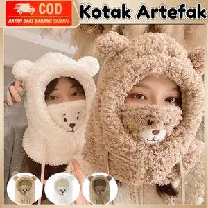 Topi Beruang Bulu  / Topi Kupluk Bahan Kasmir Desain Hangat Telinga Beruang Gaya Pelajar Anti Angin