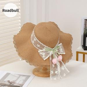 ROADBULLリボン払ういきの大きいきいきなつばの日よけMaiわら帽子,女性用夏のアウトドアひどいひどい日焼けけけ防止,休暇や旅行用ビーチハット,海辺で多目的に使える帽子