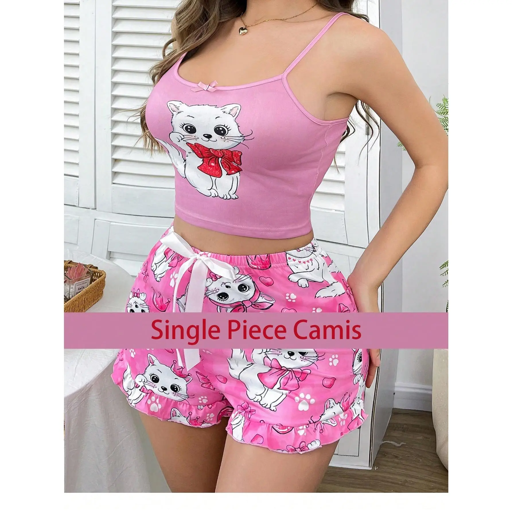 Cute Cat Bow Tie Strap Camisole Top Women Sleepwear Fabric Fit