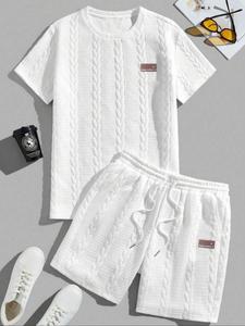 Two-Piece Set Men's Regular Fit Jacquard Short Sleeve Tee & Shorts, Casual Fashion Cozy Round Neck T-shirt & Shorts for Daily Outdoor Wear, Men's Clothing for Spring & Fall