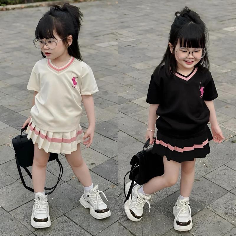 Set váy ngựa cổ tim xếp li danh cho bé gái từ 9-35 kg MÃ HL1 Vải Cotton  Baby Tee Top Áo có thể giặt máy nút bộ quà tặng Women Cổ Tròn váy  công chúa Đen Đen