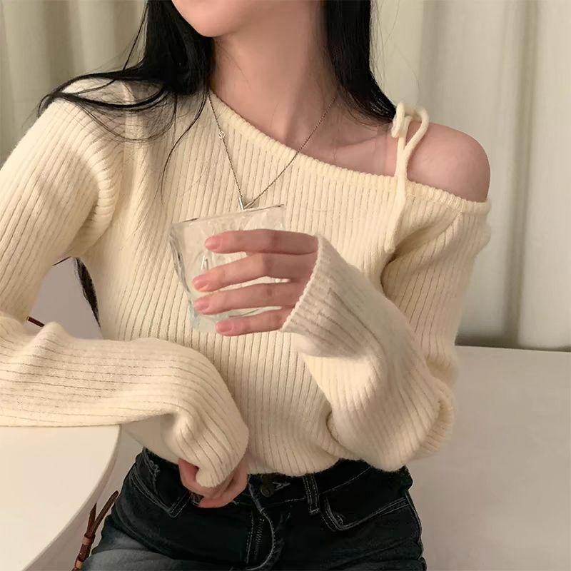 Áo Len Buộc Dây Trễ Vai Bất Đối Xứng Phong Cách Hàn Quốc, Áo Áo Chui Đầu Nữ, Đồ Len, Thích Hợp Cho Mùa Thu Và Mùa Đông Top Women 0