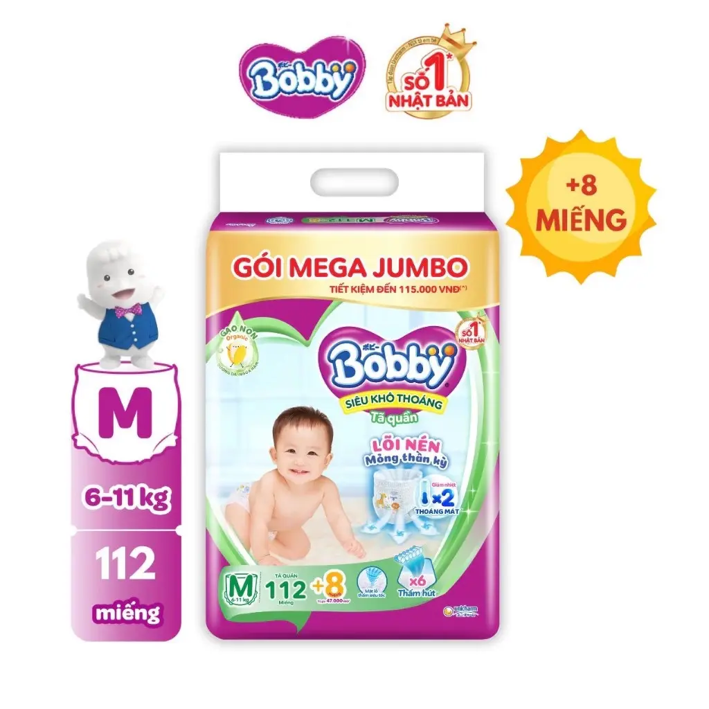 [ TẶNG THÊM 8 MIẾNG ] Tã/Bỉm quần Bobby 3mm Mega Jumbo Gạo non M112/ L96/ Xl84/ XXL76 Cho Bé