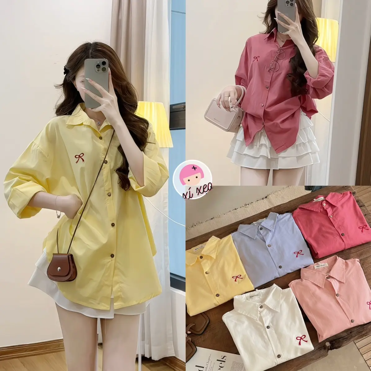 Áo sơ mi thô mềm form rộng thêu nơ xixeoshop - A21