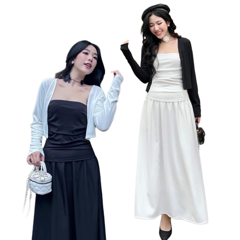 [CÓ BIGSIZE] H55 SET 3 MÓN: KHOÁC CROP + ÁO ỐNG+ CHÂN VÁY 2 MÀU TRẮNG ĐEN  NỮ TOP Nữ Cotton Women Voi Thun