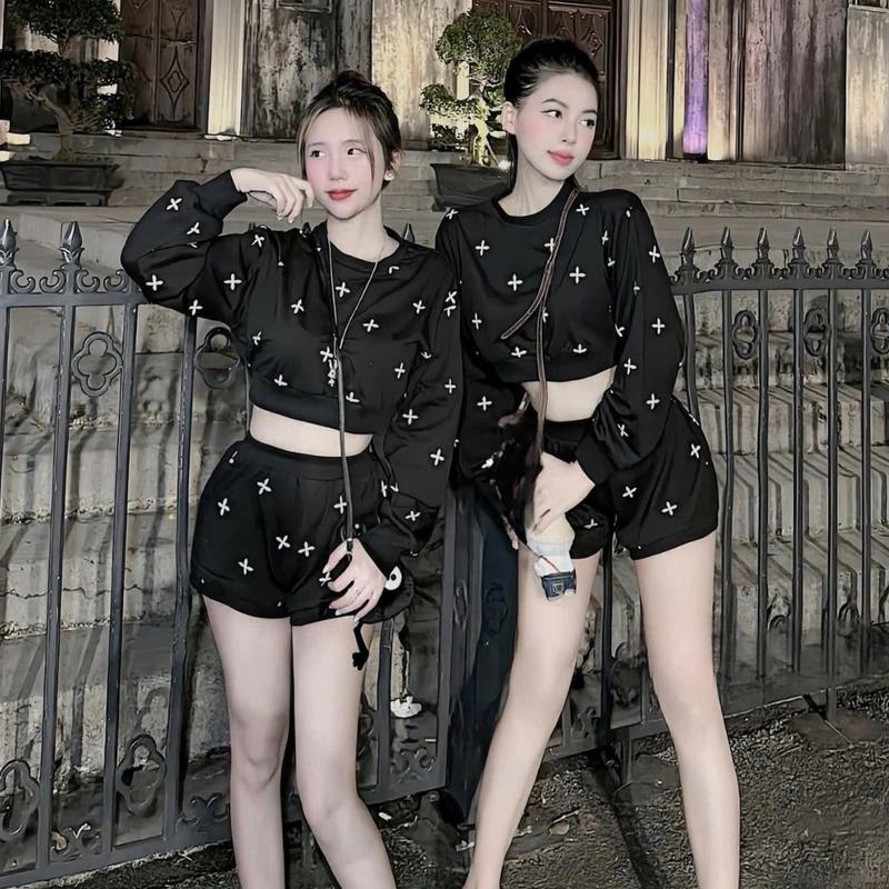 [ Chất Nỉ ] Set Áo Croptop Tay Dài Kèm Quần Bí Phồng In Hoạ Tiết Dấu Cộng Cá Tính Nữ Women
