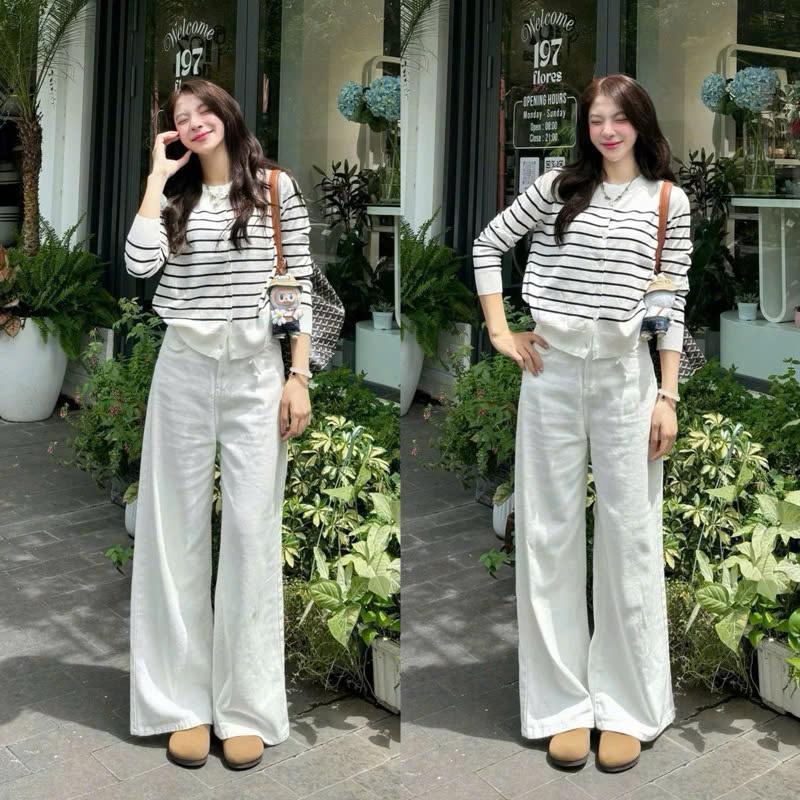 DiipStore - Quần Jeans Trắng Ống Rộng Suông Dáng Dài Cạp Cao Basic Nữ 0