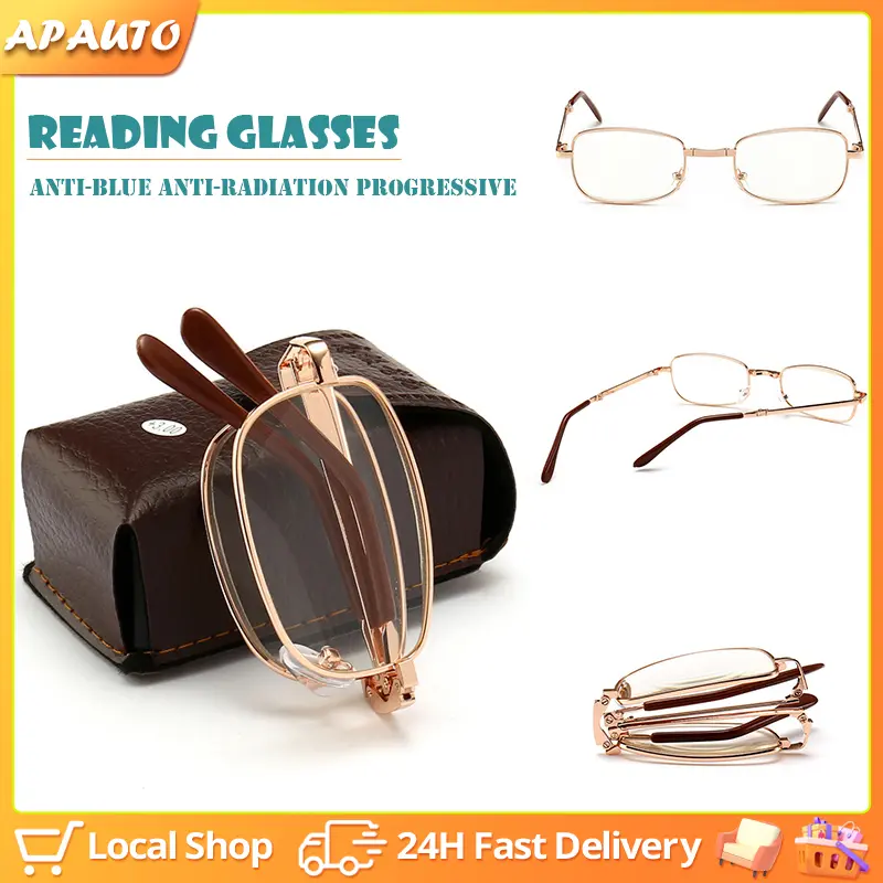 Folding Reading Glasses with Leather Case Anti-Blue Anti-Radiation Portable Magnifying Eyeglasses