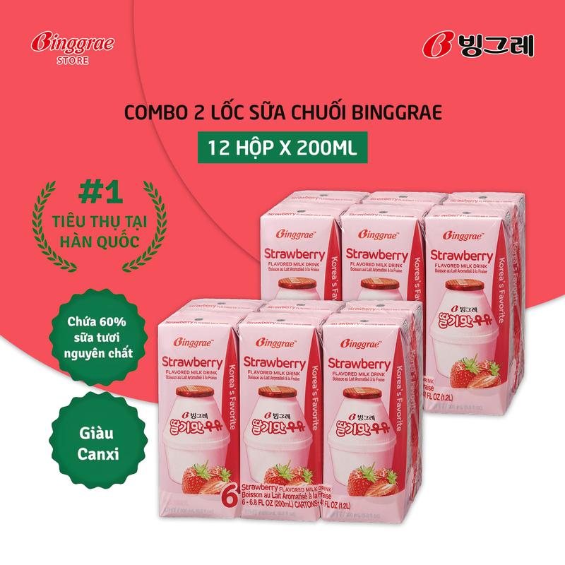  Combo 2 Lốc Sữa Dâu Hàn Quốc Binggrae  12 Hộp x 200ml  