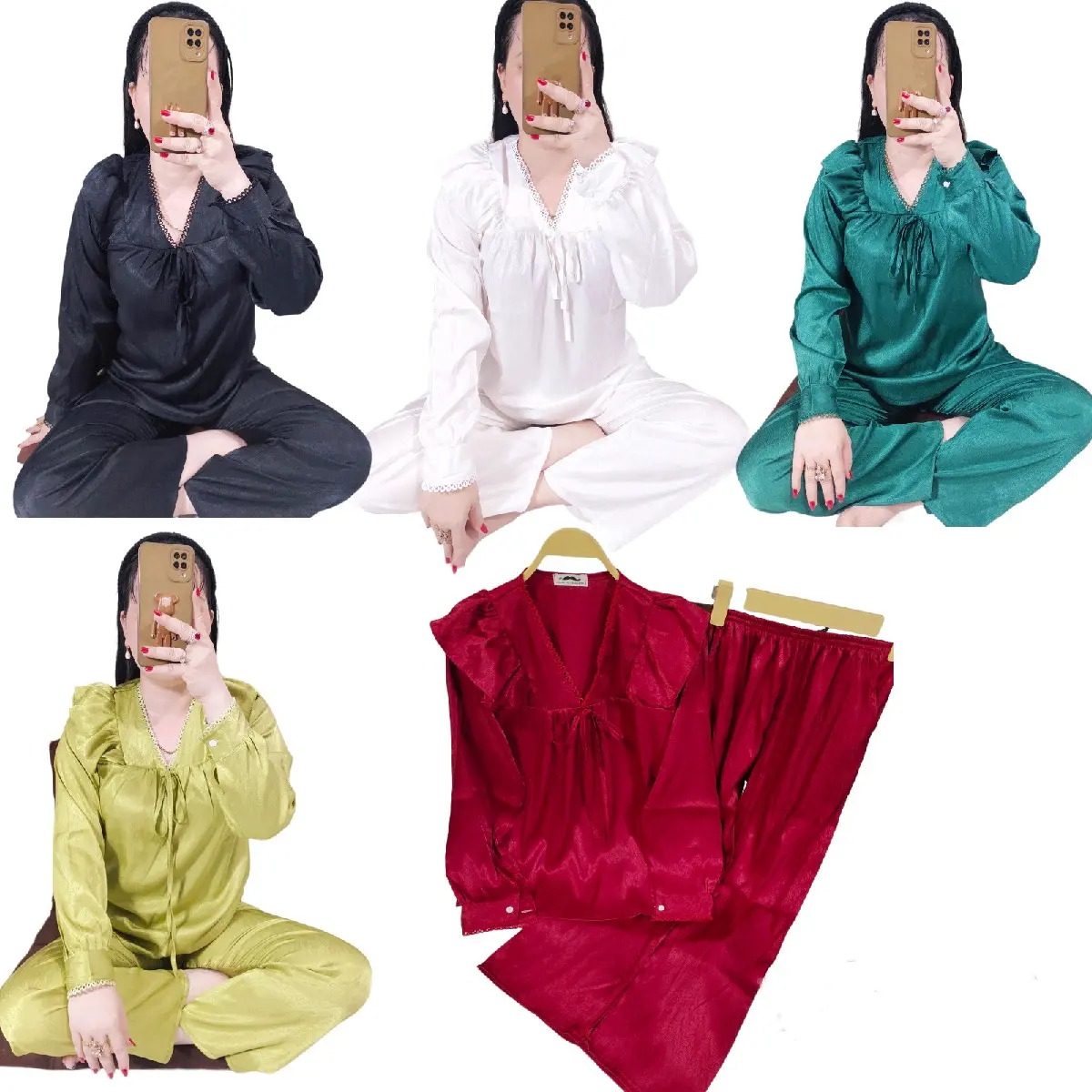 (Có Big size từ 38_72kg) Set Đồ Bộ Ngủ, Pijama Cổ V Phối Bèo  Tay Dài (cài nút) Quần Dài Màu Trơn,Cho Nữ , Chất Lụa Xước Mềm Mịn Mát, Women Voi Đen Sen Hoa Sen đồ  bộ