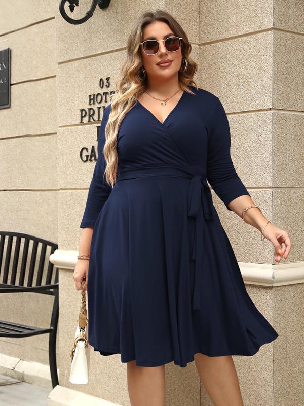 【Plus Size】Trendy Plain Wrap V Neck Belted A Line Plus Size Dress, Women's 3/4 Length Sleeve Solid Dress, Summer Dresses, Womenswear 1