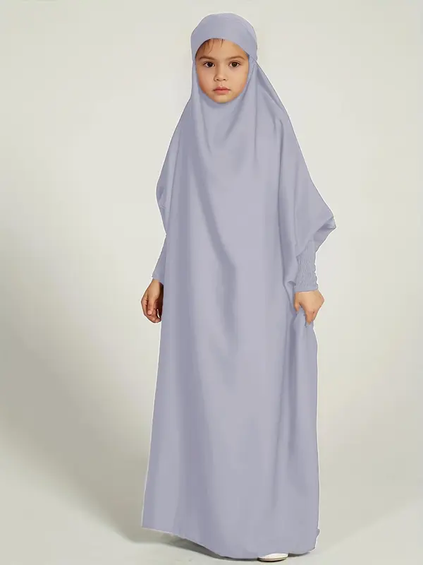 Girl's Solid Batwing Sleeve Tie Back Hoodie Abaya Dress, Modest Outfits, Casual Long Sleeve Elastic Cuff Loose Dress for Kids, Kids Clothing for Summer, Clothes for Girls, Kids Fancy Dress, Girl Clothes 6