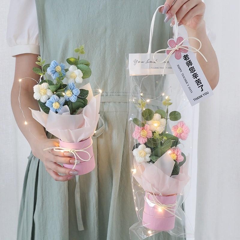 Hand Woven Puff Flower Bouquet with Paper Tube Pvc Bag Led String ...