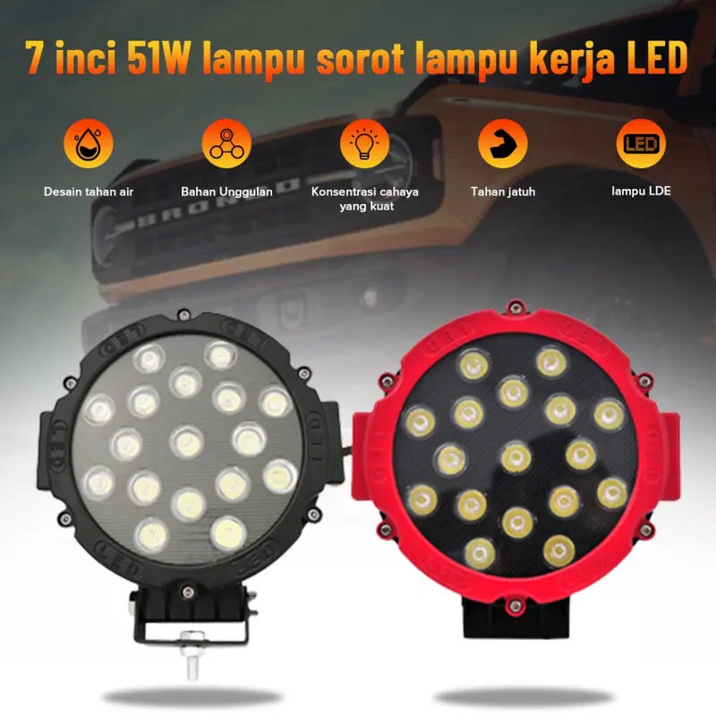 Lampu Tembak 12/24 volt Super Terang Truk Model Baru LED Sorot Tembak Worklight C-ree 17 Titik Mata 51 Watt  Mobil, Motor ,J-eep Hitam/Merah Car 0