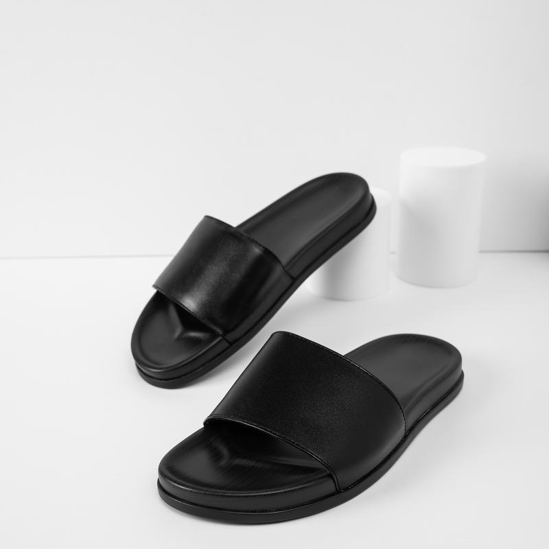 Dép da nam quai ngang da bò màu đen da tấm đế 2 lớp cao cấp DéP Slipper 6