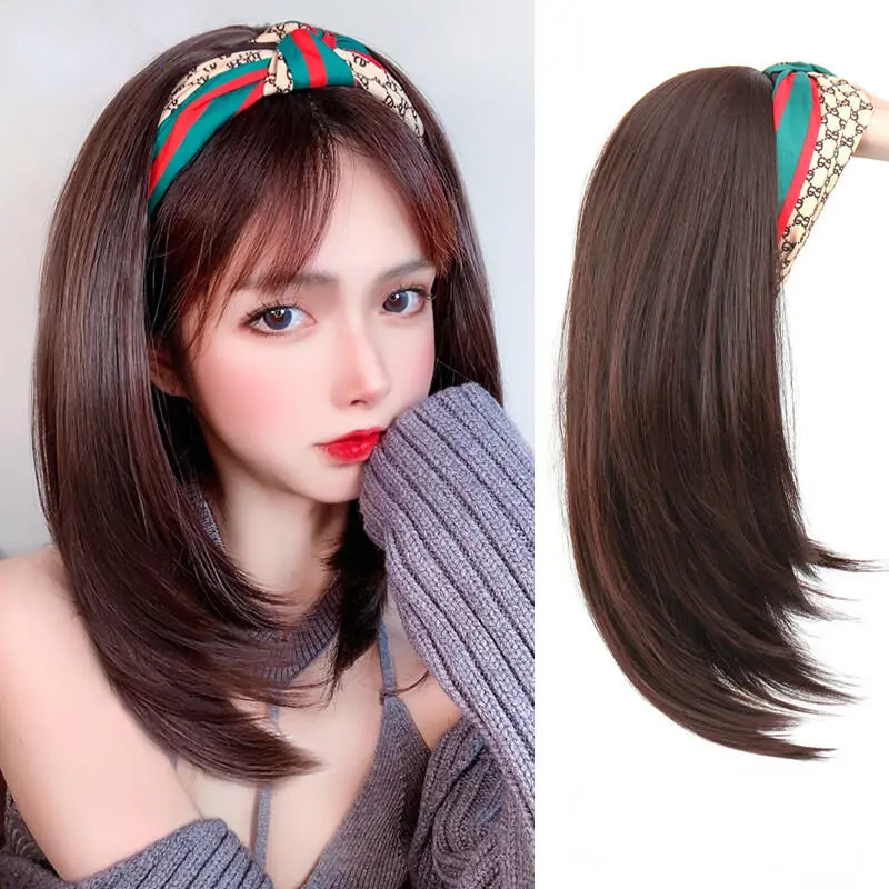 rambut palsu perempuan Headband Wig Short Natural Straight Daily Party Cosplay Wigs for Women Heat Resistant Fiber
