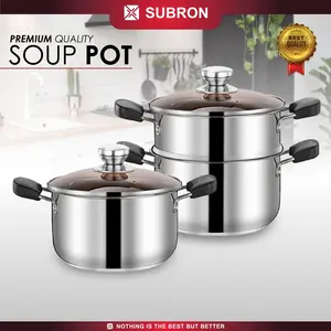 SUBRON panci Sup Kukus 2 Susun 26cm Stainless TEBAL  Soup Pot tutup Kaca panci original Gambar
