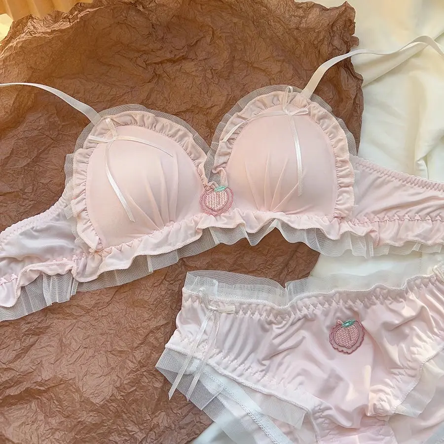 Đồ Lót Lolita Dễ Thương, Dành Cho Phụ Nữ, Phong Cách Ngọt Ngào Nhật Bản, Thiết Kế Thắt Nơ, Không Dây, Ngực Nhỏ Đẩy Lên, Bộ Áo Ngực Cúp Không Rỗng