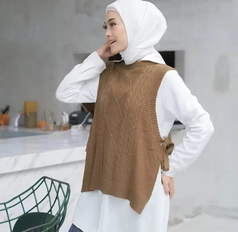 Beautyshirt ~ Halma Vest Bahan Rajut / Atasan Wanita Kekinian Rompi Rajut Tali Samping Ala korean Style brokat / outer Top Motif Santai 7