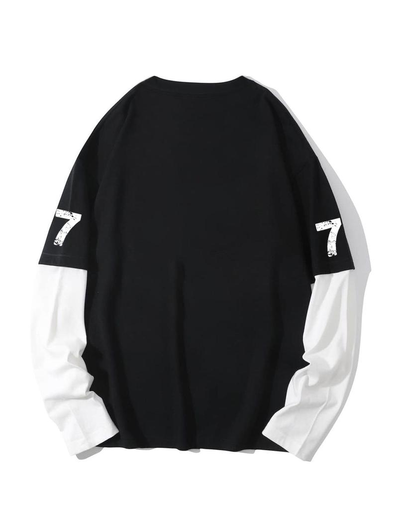 Product Introduction of Men's 2 in 1 Colorblock Letter & Figure Print Drop Shoulder Tee, Loose Street Fashion Soft Comfy Long Sleeve Round Neck T-shirt for Daily Wear, Men's Top for All Seasons 6