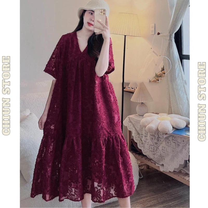 Đầm Bầu Váy Bầu Tiệc Đỏ Mận Cổ Tim fresize 50-65kg Chất Liệu Tơ Lông Vũ Mềm Mát Mùa Hè Cộc Tay (TÚI SƯỜN 1 BÊN) M239 Chiun Store Nữ Women Màu Đỏ Dress