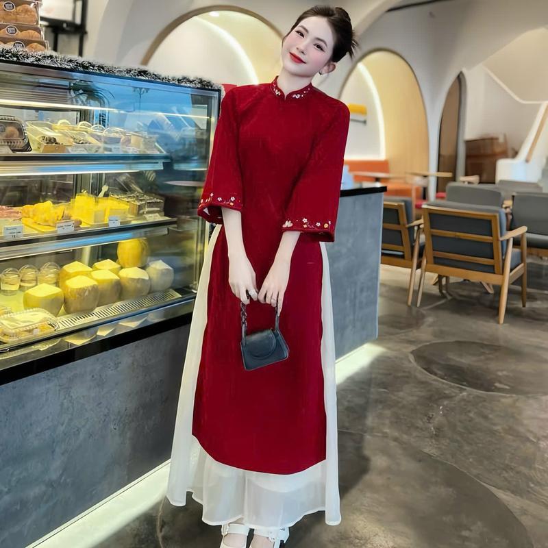 Set bộ áo dài tay lỡ cổ tròn thêu hoa chất nhung phù hợp cho các nàng đi chơi đi lễ Top Women 4