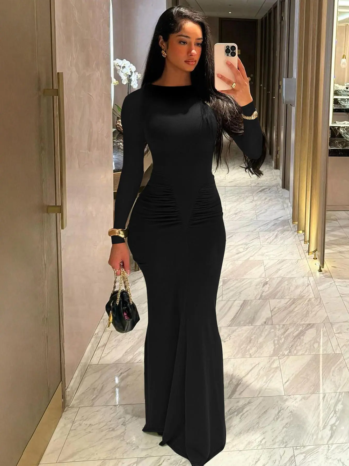 Women's Plain Ruched Mermaid Dress, Elegant Long Sleeve Round Neck Maxi Dress for Party Dinner Dating, Ladies Clothes for All Seasons